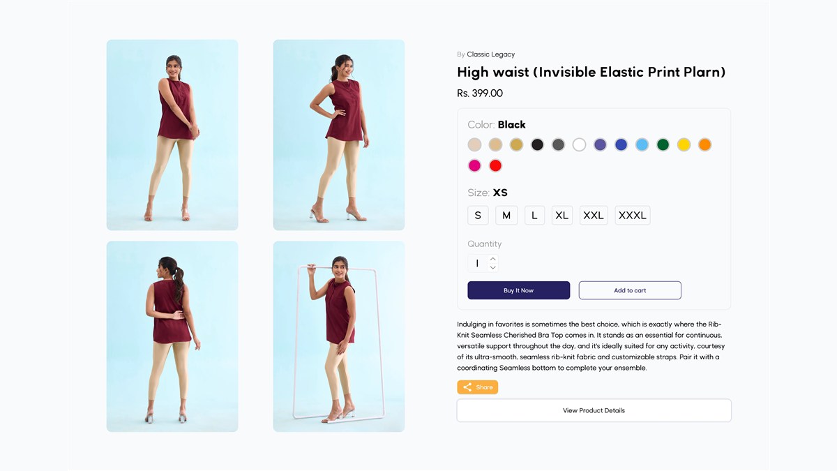 Product page with size and colour pickers